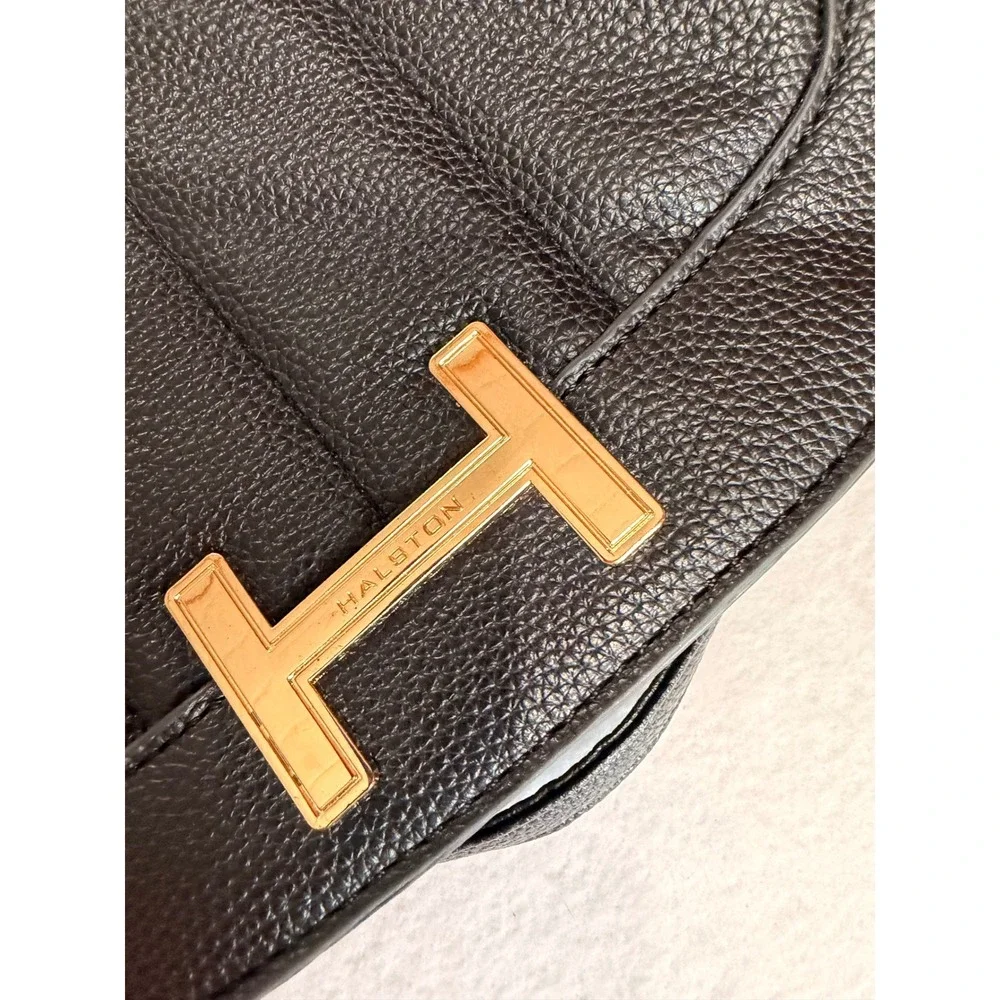 Halston Black Pebbled Faux Leather Crossbody Shoulder Bag Logo Strap Gold Tone